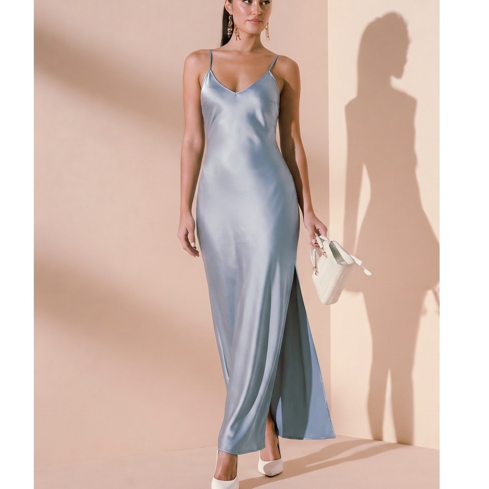 House of Harlow 1960 Teal Grey Satin Lace Trim Maxi Slip Dress Womens Large - Picture 1 of 11
